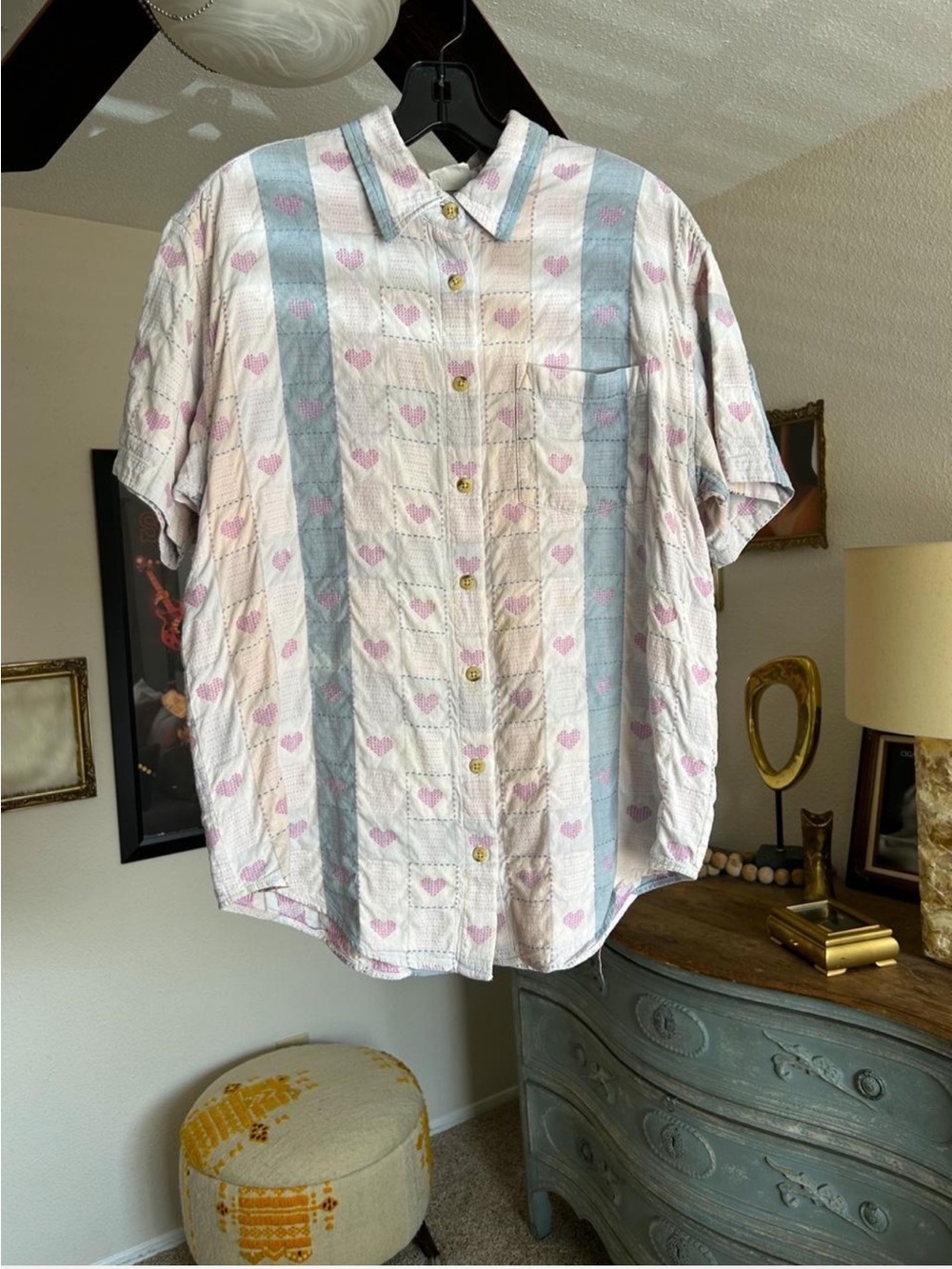 Vintage 90s Pink Heart Button Up Shirt Cotton Coquette Cottagecore Retro Size L